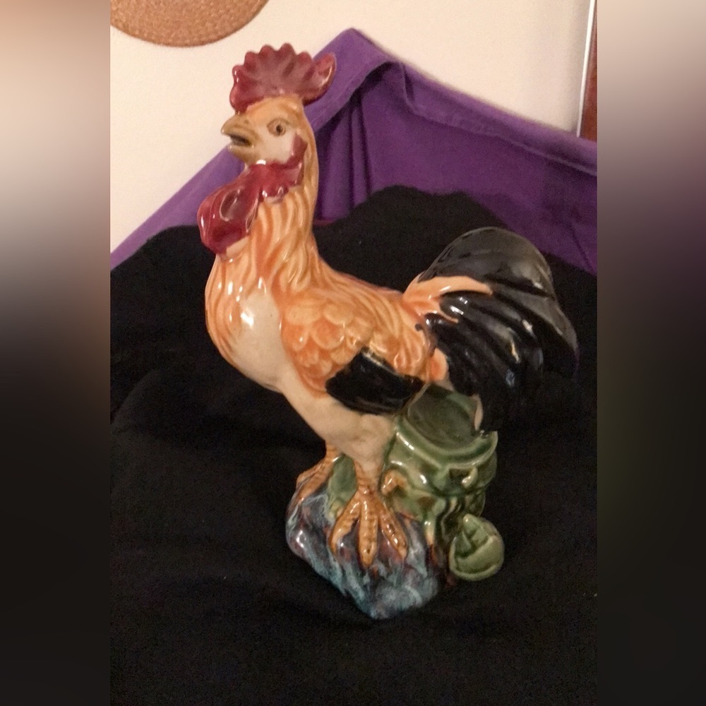 Vtg Oriental Accent Ceramic Rooster Statue Intentionally Crazed 13" Tall Bookend